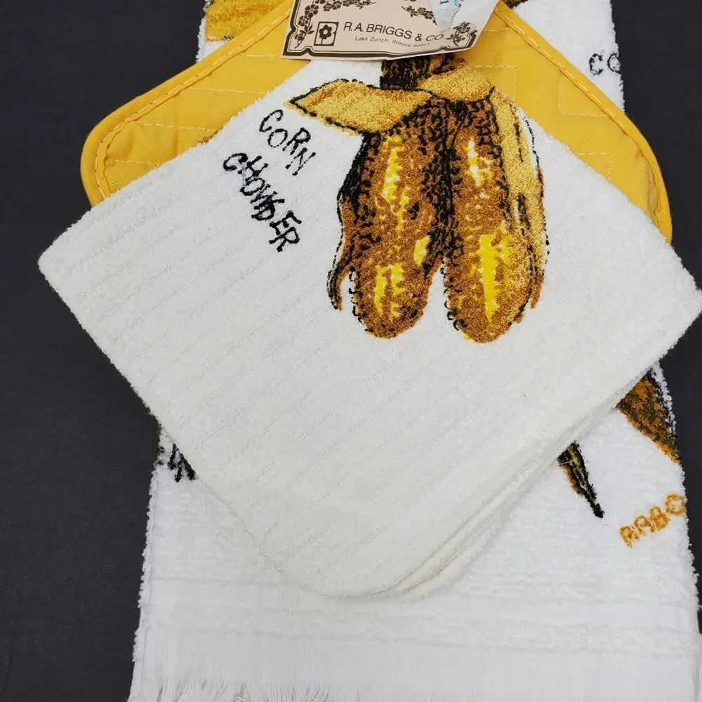 R.A. Briggs & Co 3 Pc Kitchen Ensemble of Corn themed kitchen Linens